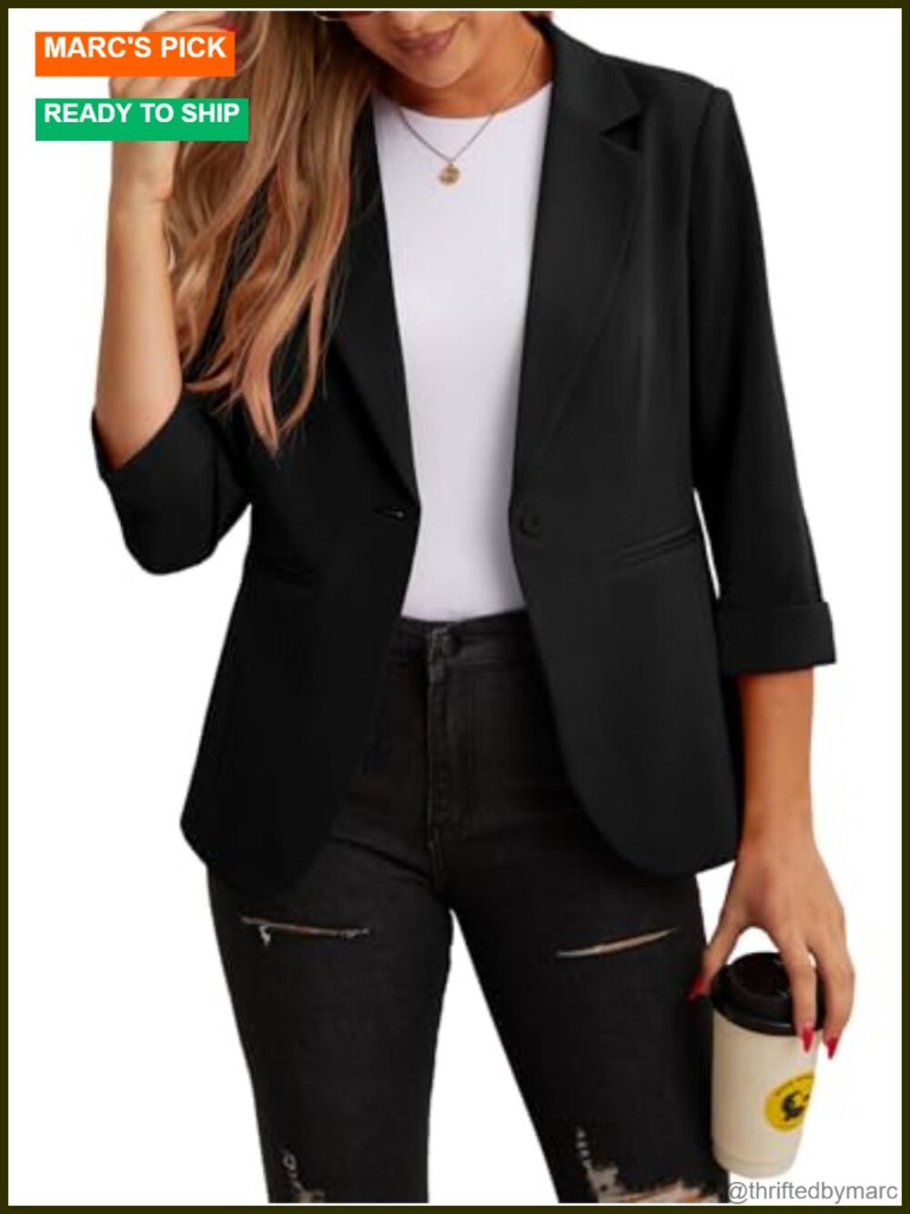 Women's 3/4 Sleeve Lapel Blazer Suit Jacket Button Front Pockets